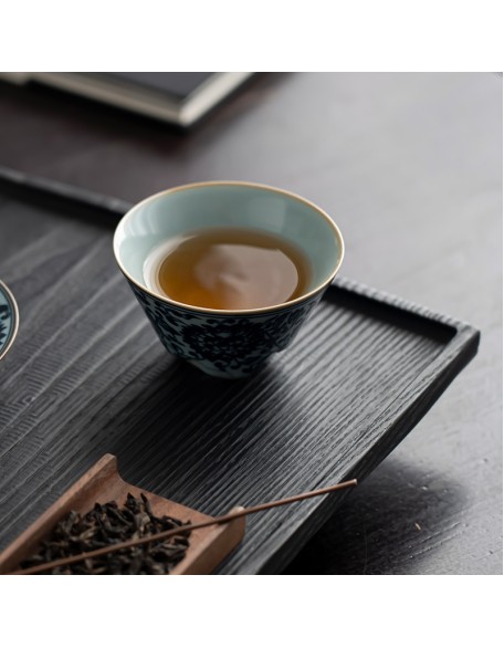 Celadon Ru Kiln Blue and White Lotus Scroll Pattern Master's Cup Tea Cup Crackled Glaze Suitable for Gongfu Tea Cup