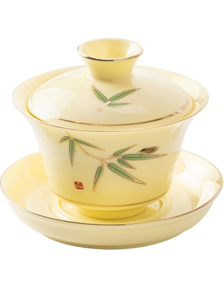 Tea set with three-legged lid that can be suspended and rotated for brewing tea without burning your hands.