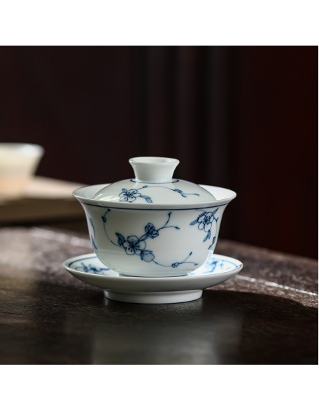 Blue and white porcelain lidded bowl with antique glaze, hand-painted ceramic, San Cai tea set, pure hand-painted plum blossom full color