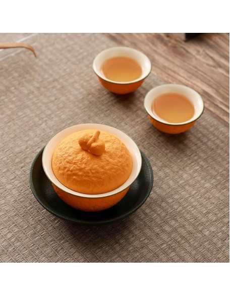Good luck orange lid bowl cup creative non-scalding tea set white porcelain three-piece set with lid ceramic