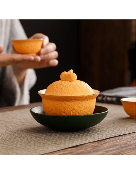 Good luck orange lid bowl cup creative non-scalding tea set white porcelain three-piece set with lid ceramic