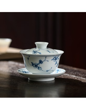 Blue and white porcelain lidded bowl with antique glaze, hand-painted ceramic, San Cai tea set, pure hand-painted plum blossom full color