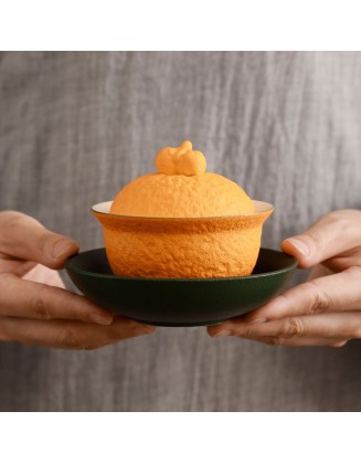 Good luck orange lid bowl cup creative non-scalding tea set white porcelain three-piece set with lid ceramic