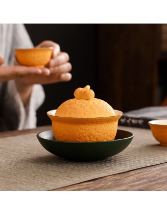Good luck orange lid bowl cup creative non-scalding tea set white porcelain three-piece set with lid ceramic
