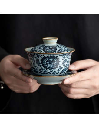 Celadon Ru Kiln Blue and White Covered Bowl Imitation Antique Ceramic Three Talents Tea Bowl with Climbing Lotus Cover
